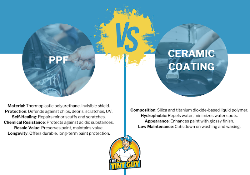 Infographic created about the tint guy and the differences between PPF and ceramic car coatings