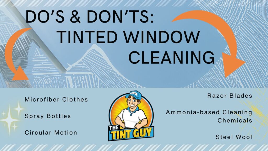 Infographic for The Tint Guy showing the do's and don't's of cleaning tinted windows.