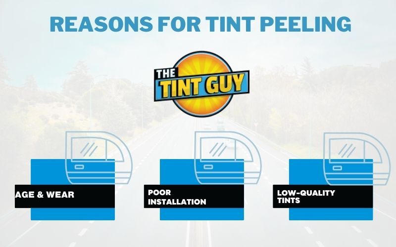 Infographic for TTG featuring reasons for window tint peeling or bubbling.