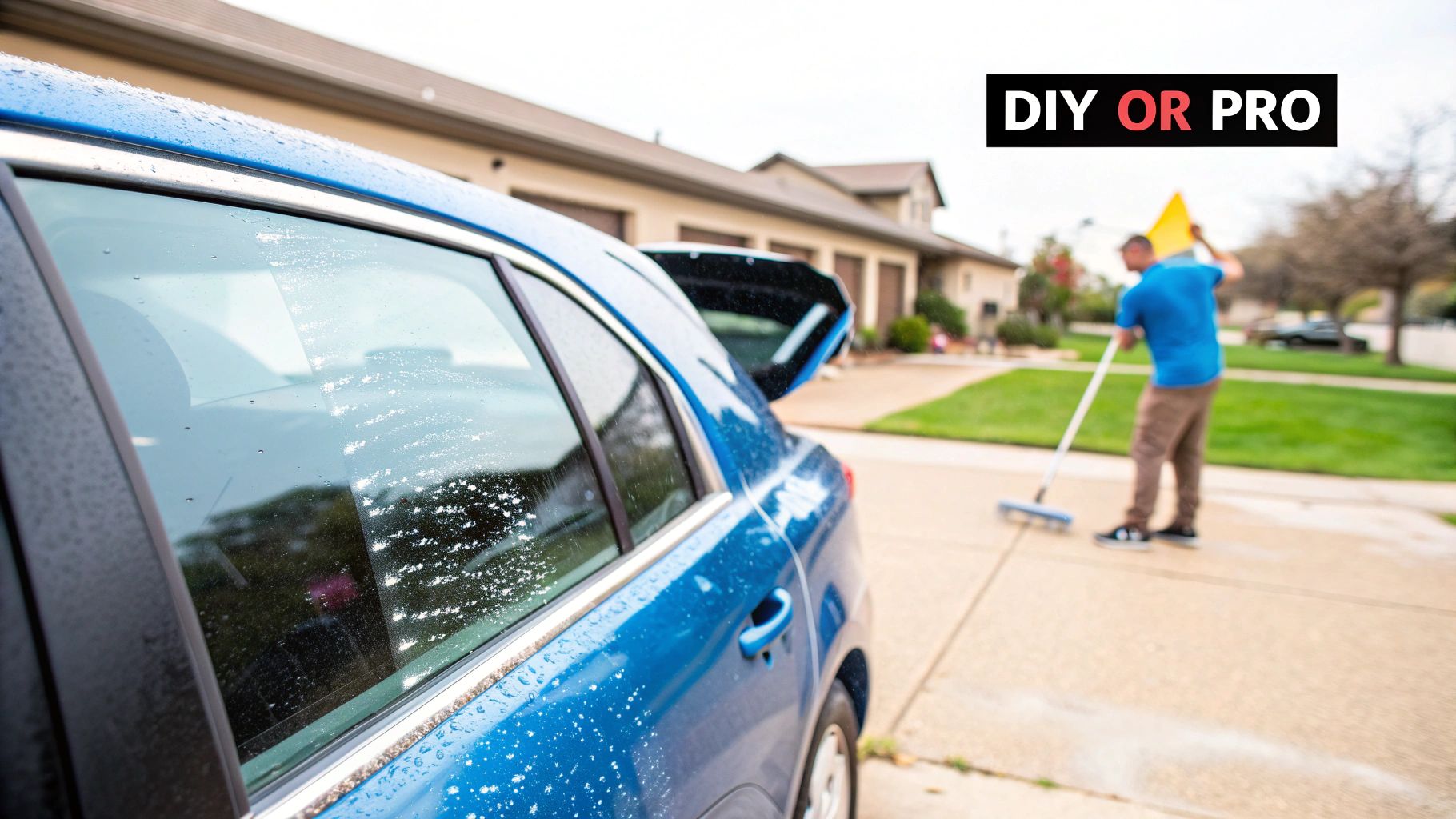 A blue car covered in water and soap suds, with a person washing a driveway nearby.