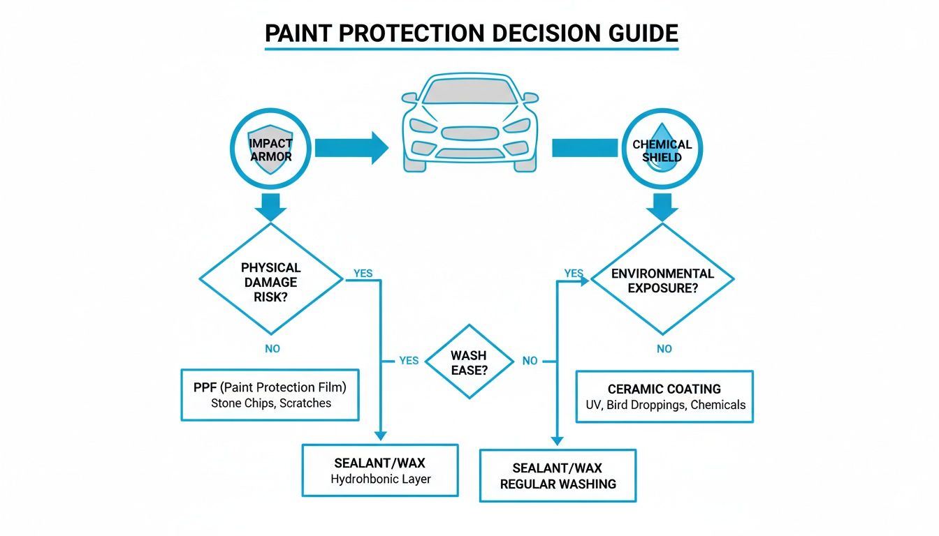 A car paint protection decision guide flowchart, outlining choices based on physical damage, environmental exposure, and wash ease.
