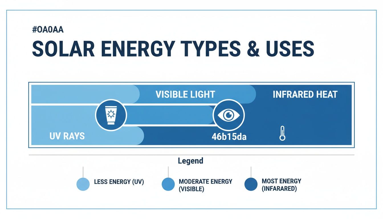 A diagram illustrating solar energy types: UV rays, visible light, and infrared heat, with a legend.