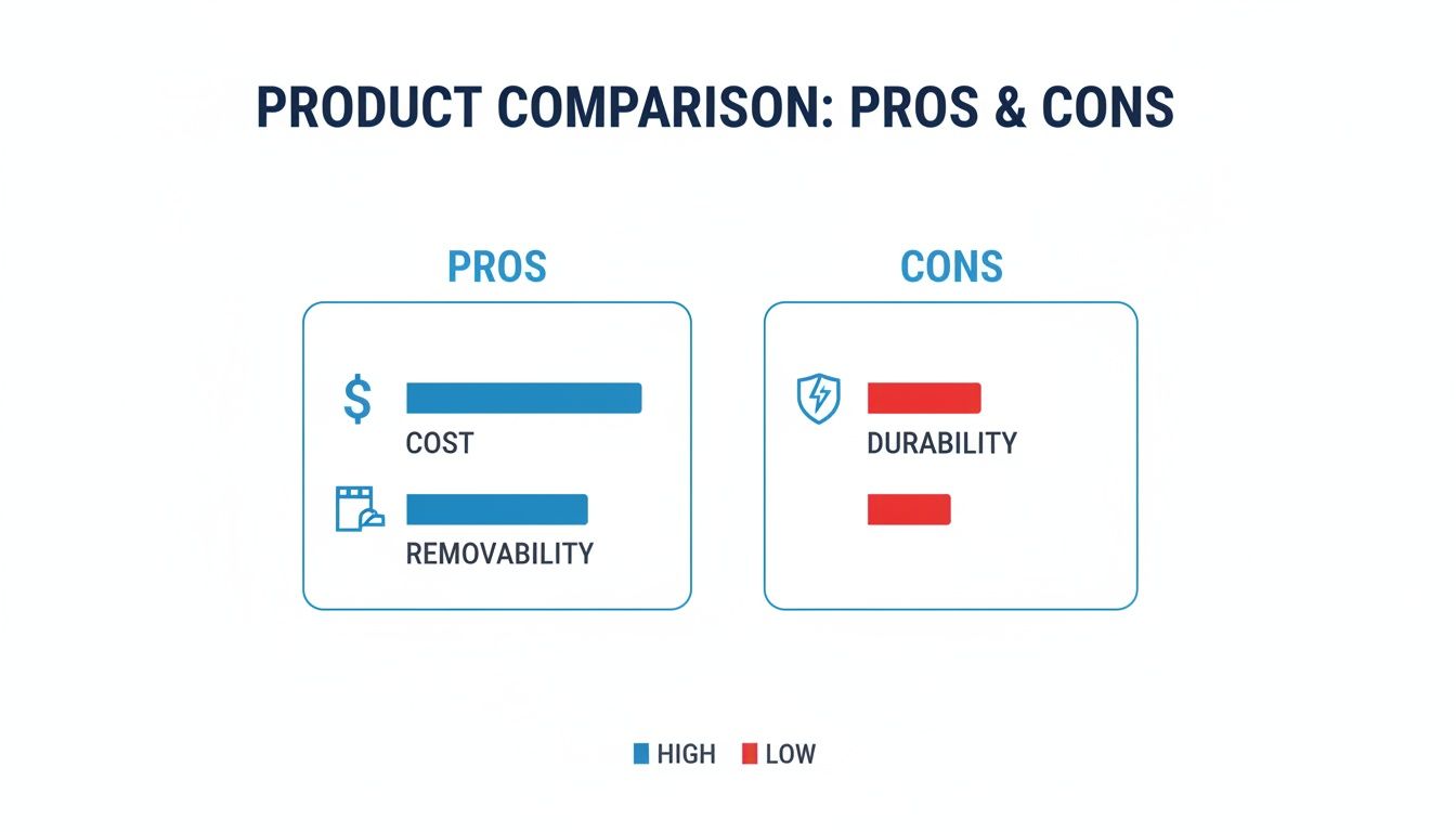 A product comparison chart details pros (high cost, high removability) and cons (low durability, another low attribute).