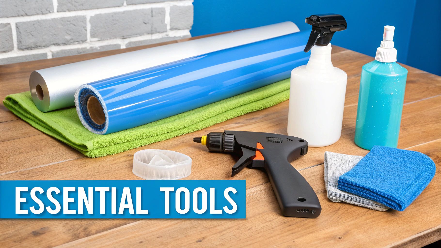 Essential tools for DIY projects: vinyl rolls, spray bottles, cleaning cloths, and a heat gun.