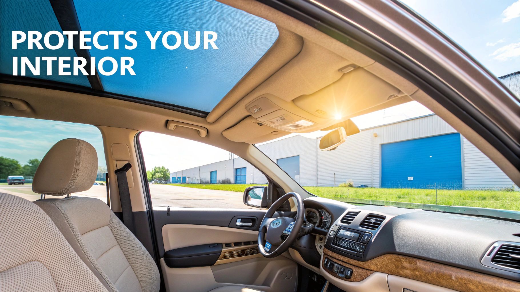 View from inside a car showing the front seats, dashboard, and a sunroof with text 'PROTECTS YOUR INTERIOR'.