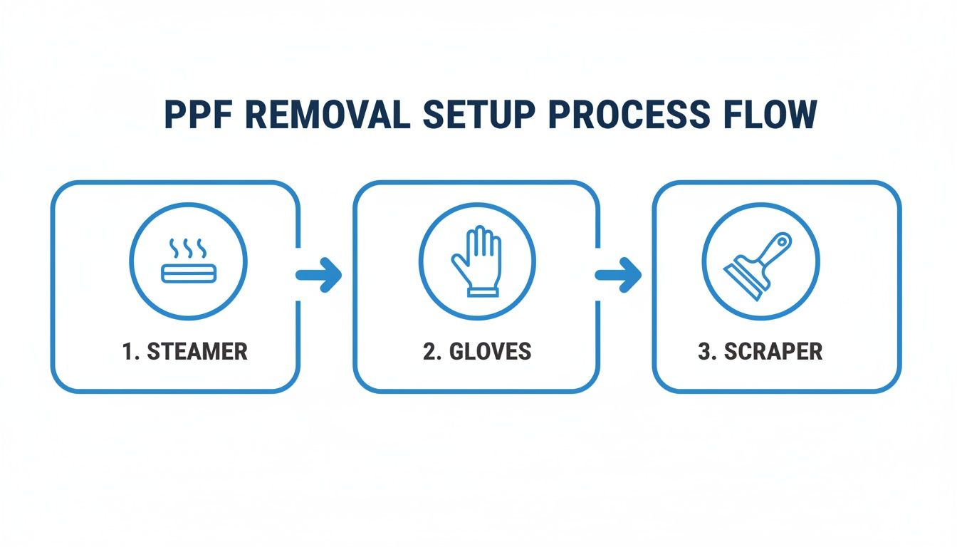 Process flow diagram illustrating three steps for PPF removal: steamer, gloves, and scraper tools.