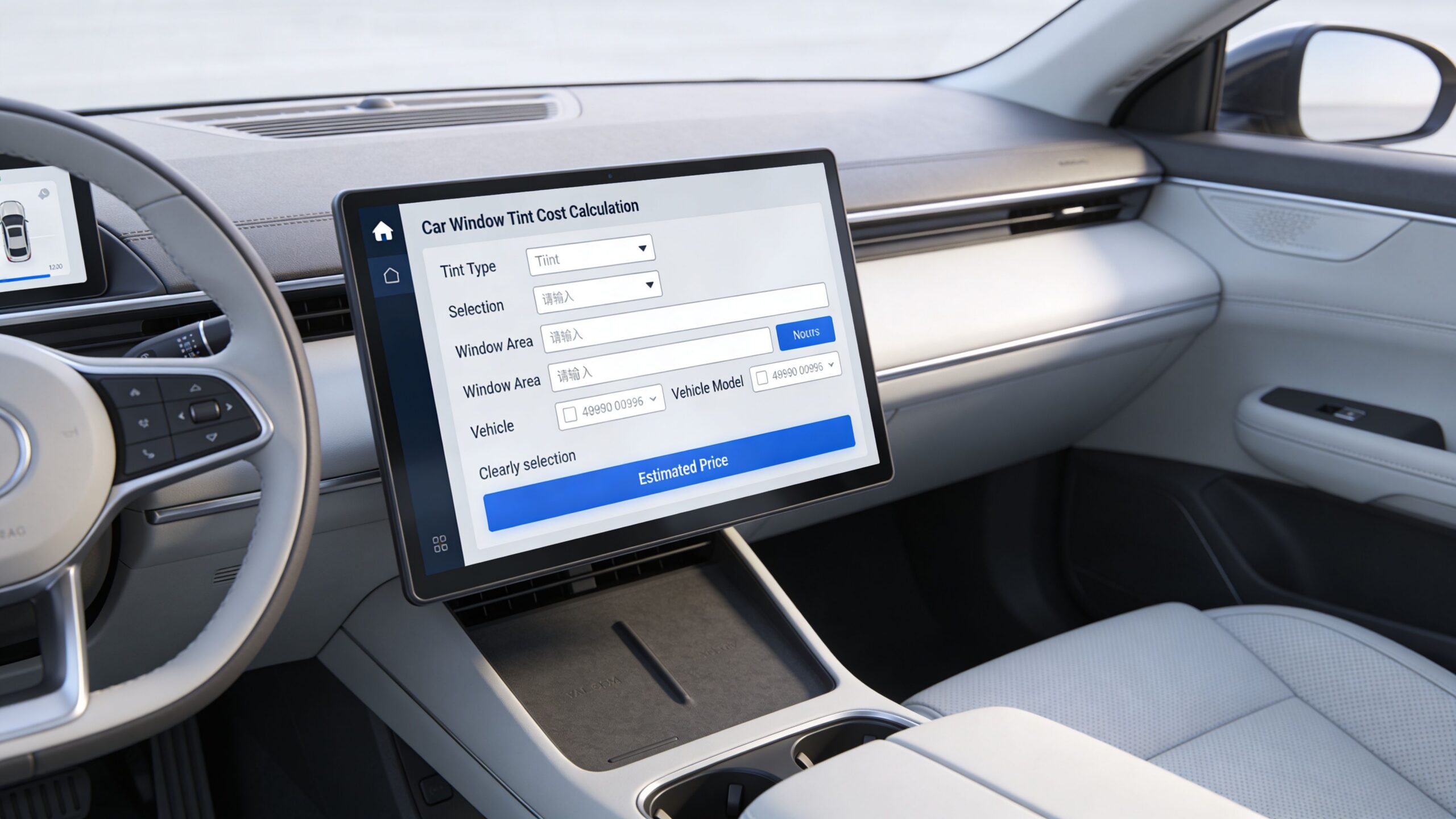 A car window tint cost calculator application displayed on a modern vehicle's digital dashboard touchscreen interface.
