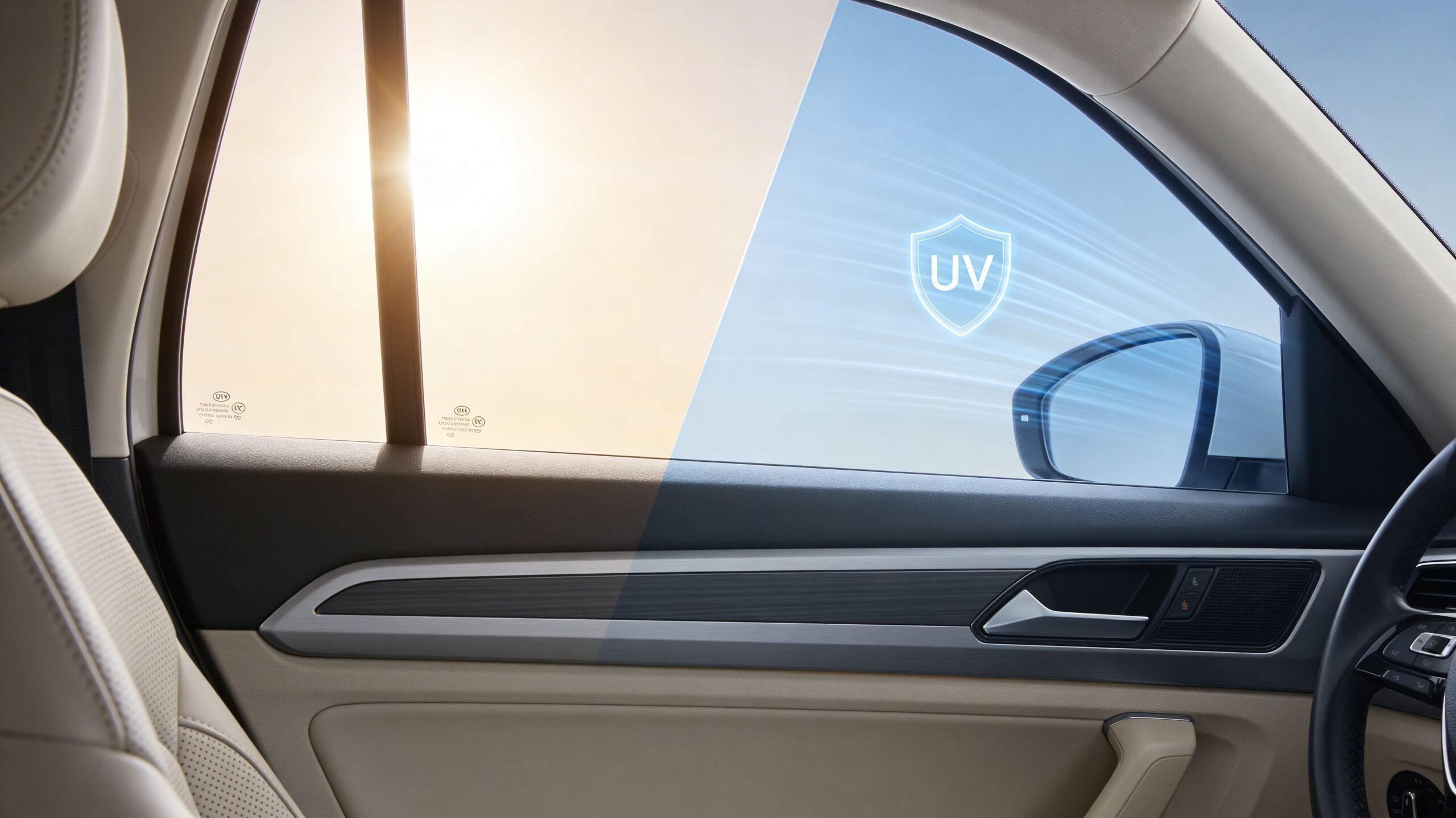 A close-up view from inside a car showing the UV protection layer applied to the side window.