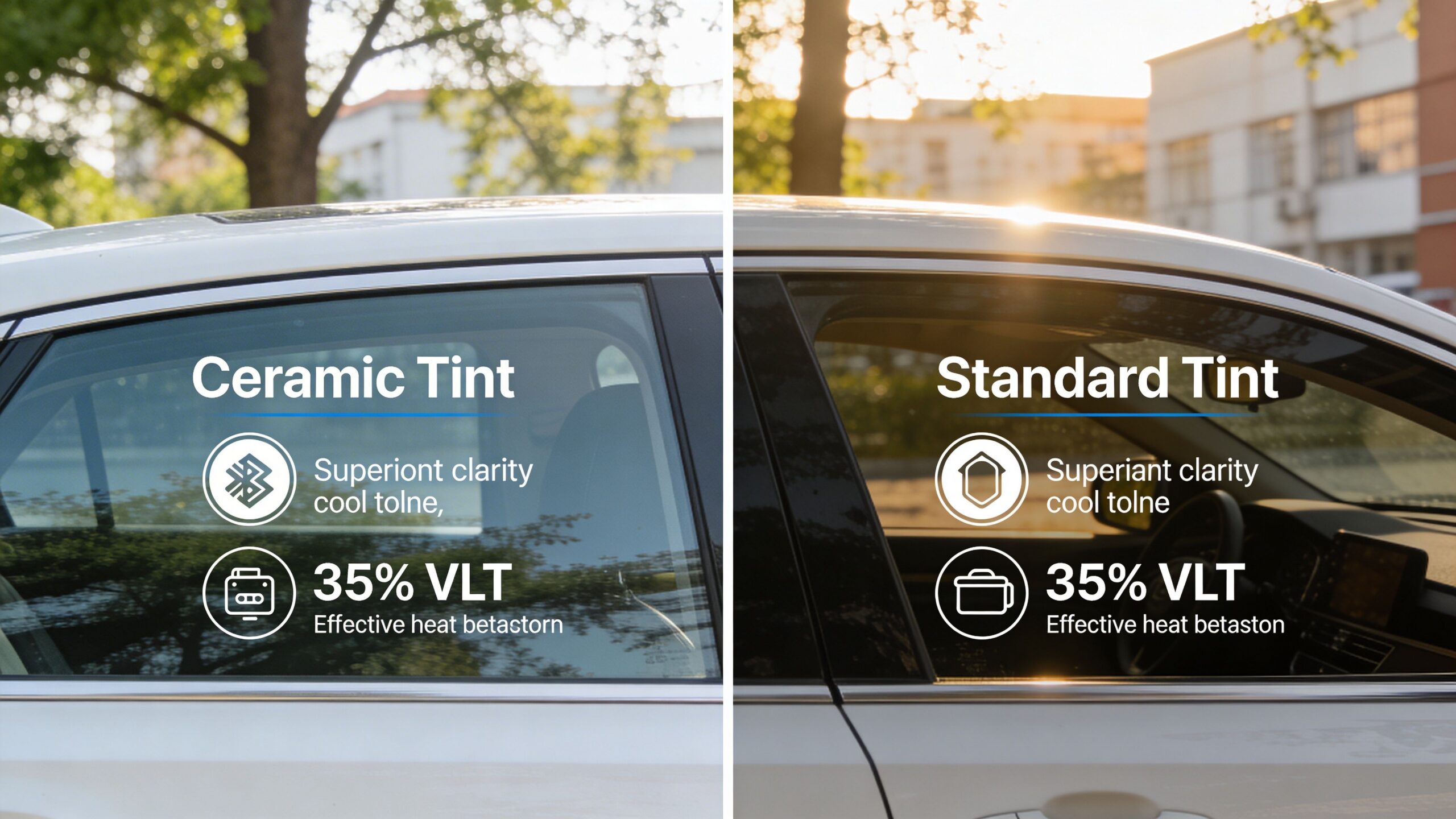 A comparison showing a white car with ceramic tint on the left and standard tint on the right.
