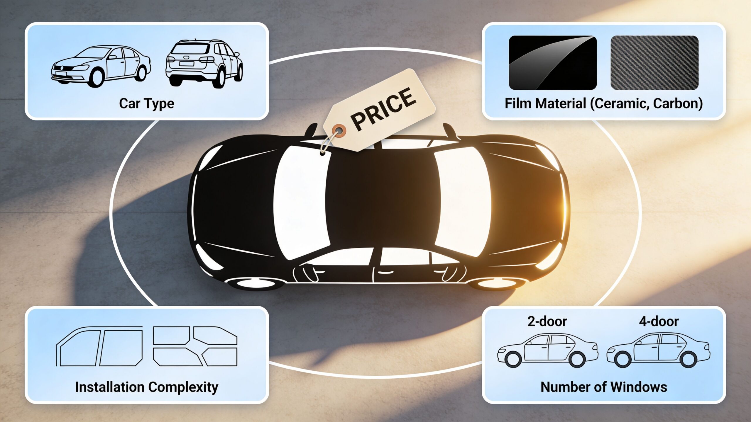 A diagram illustrating factors that influence the total cost of professional car window tinting services.