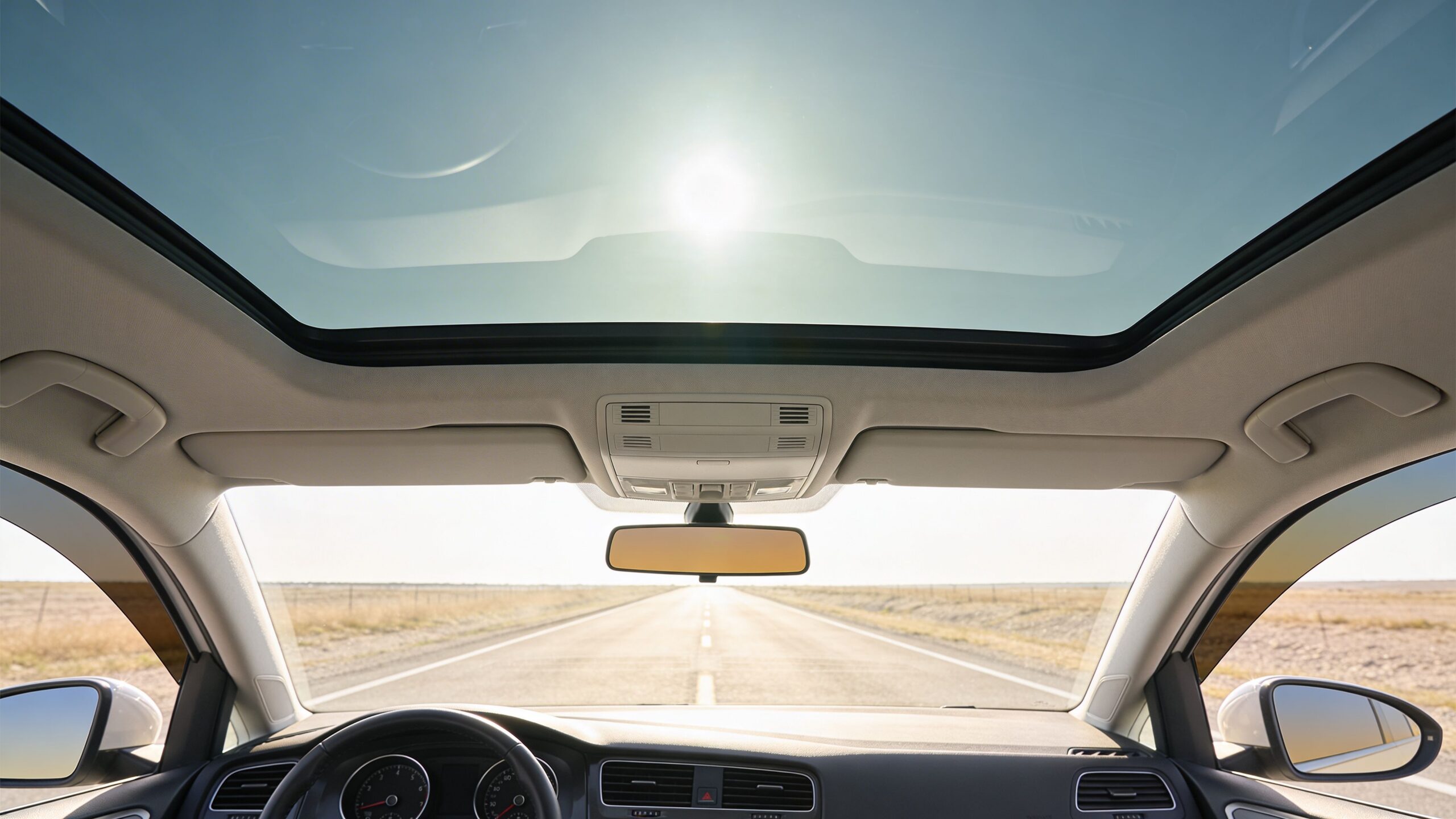 A view from inside a car looking through the panoramic sunroof and front windshield onto a road.