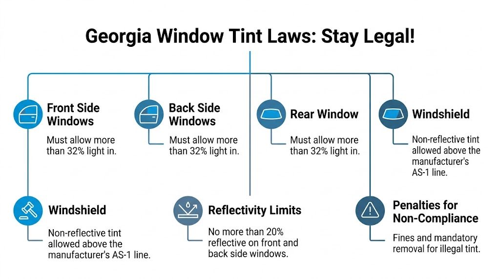 A visual guide summarizing legal Georgia vehicle window tint requirements for windows, windshields, and reflectively.