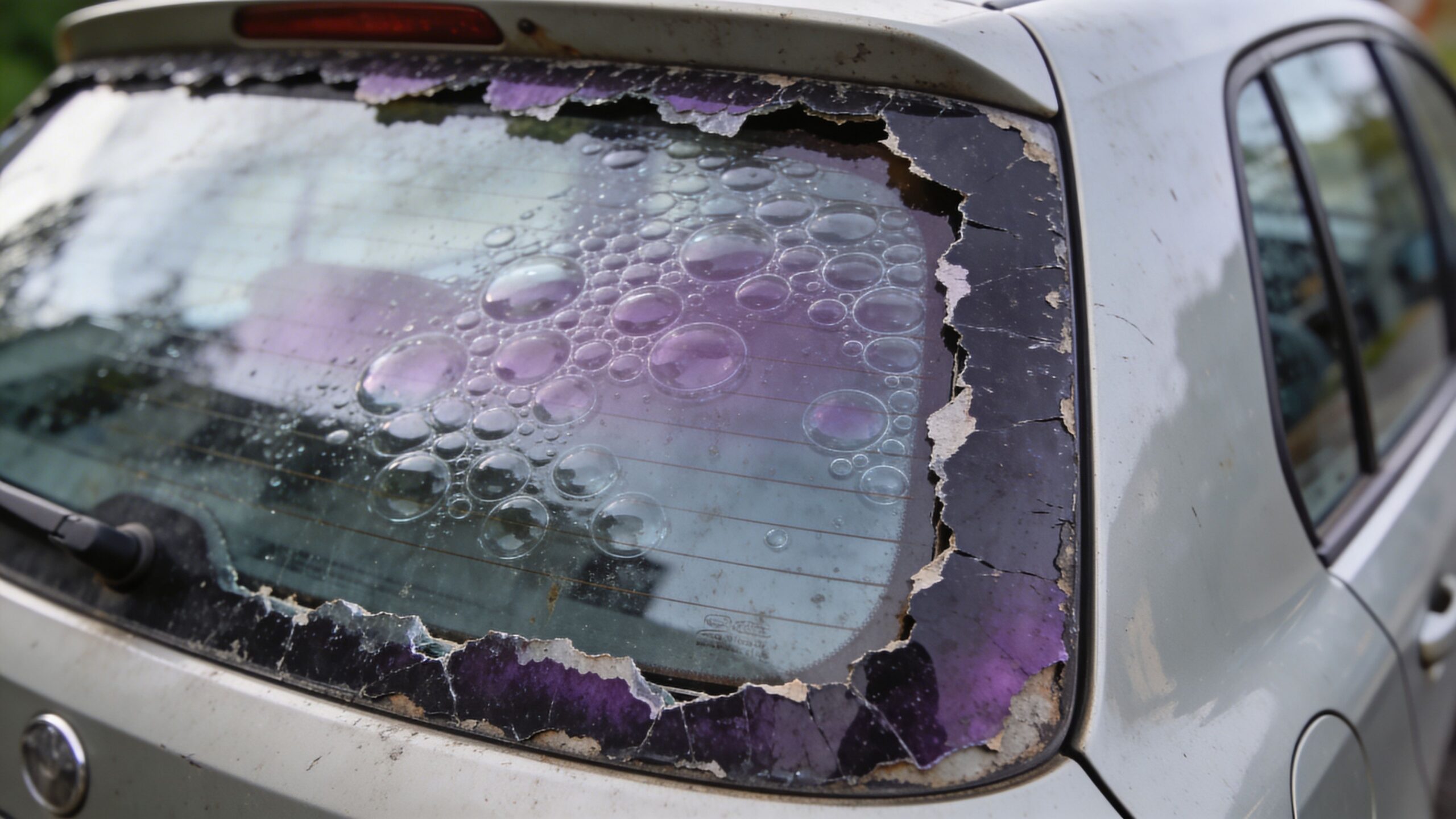 Rear car window showing degraded purple window tint with large air bubbles and peeling film edges.