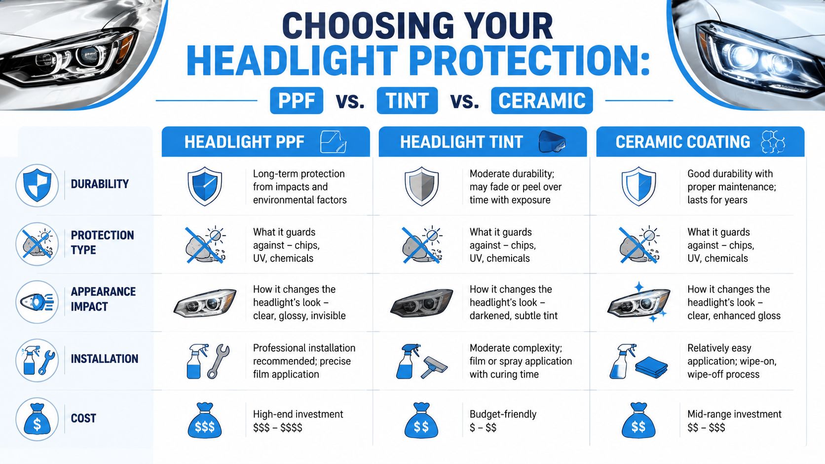A comparison chart showing features, benefits, and costs of headlight protection options: PPF, tint, and ceramic coating.