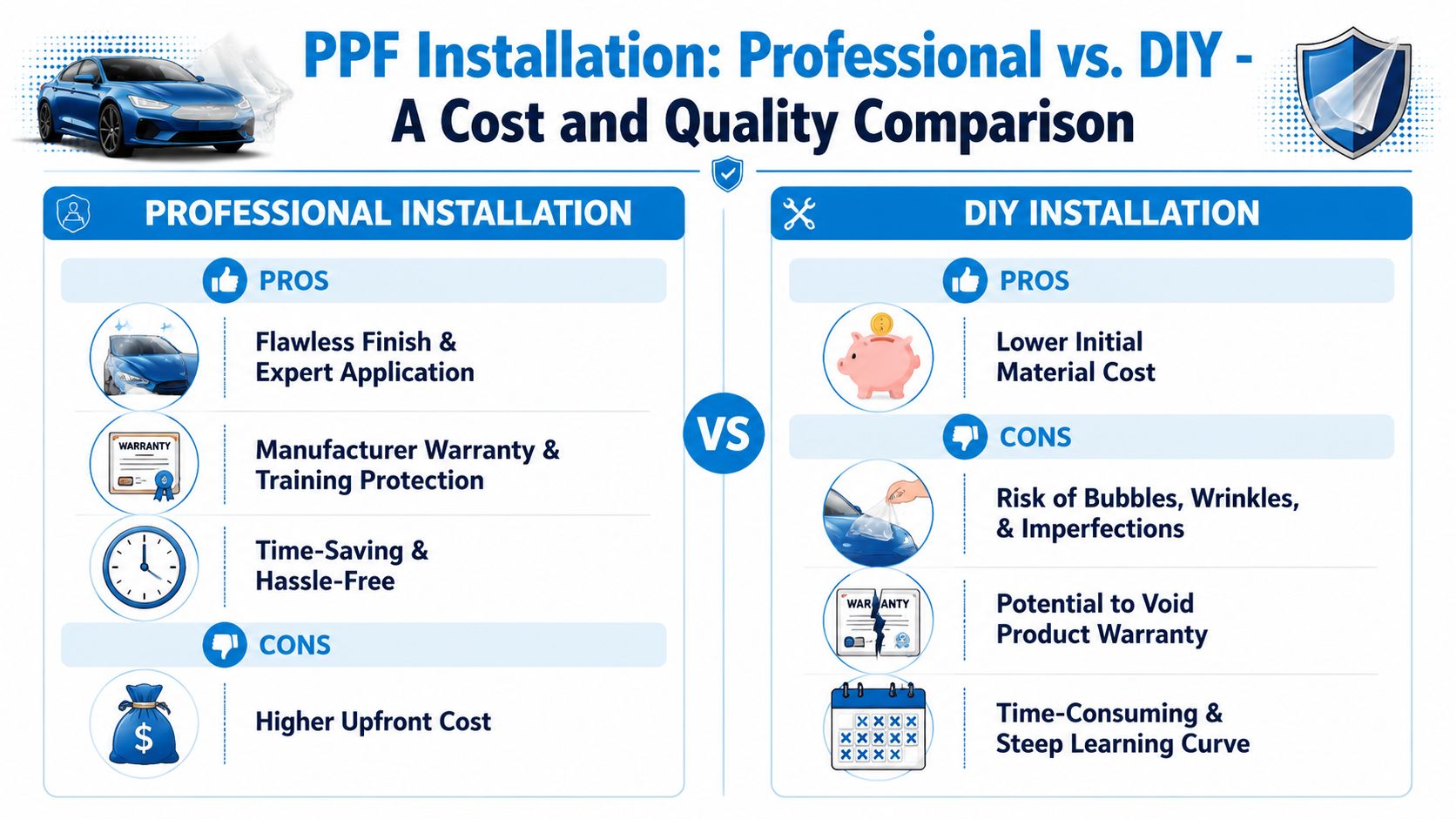 A comparative infographic showing pros and cons of professional vs DIY paint protection film (PPF) vehicle installation.