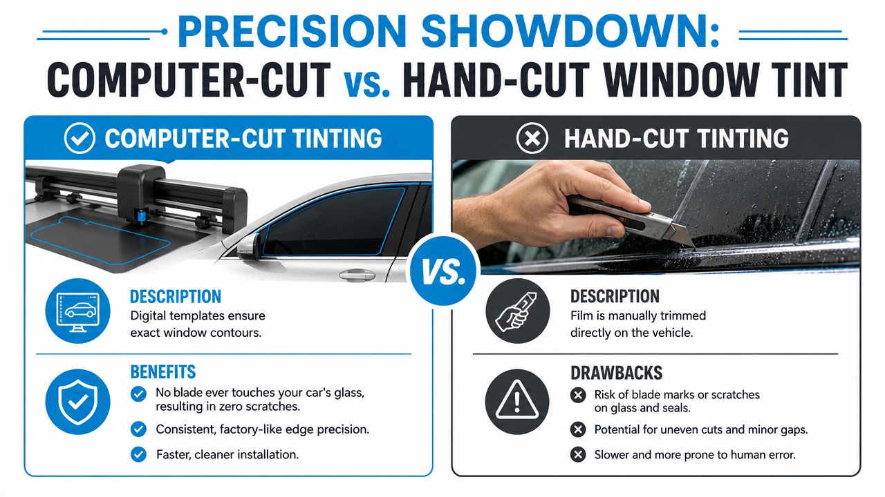 A comparison infographic between computer-cut window tinting and hand-cut window tinting for cars.