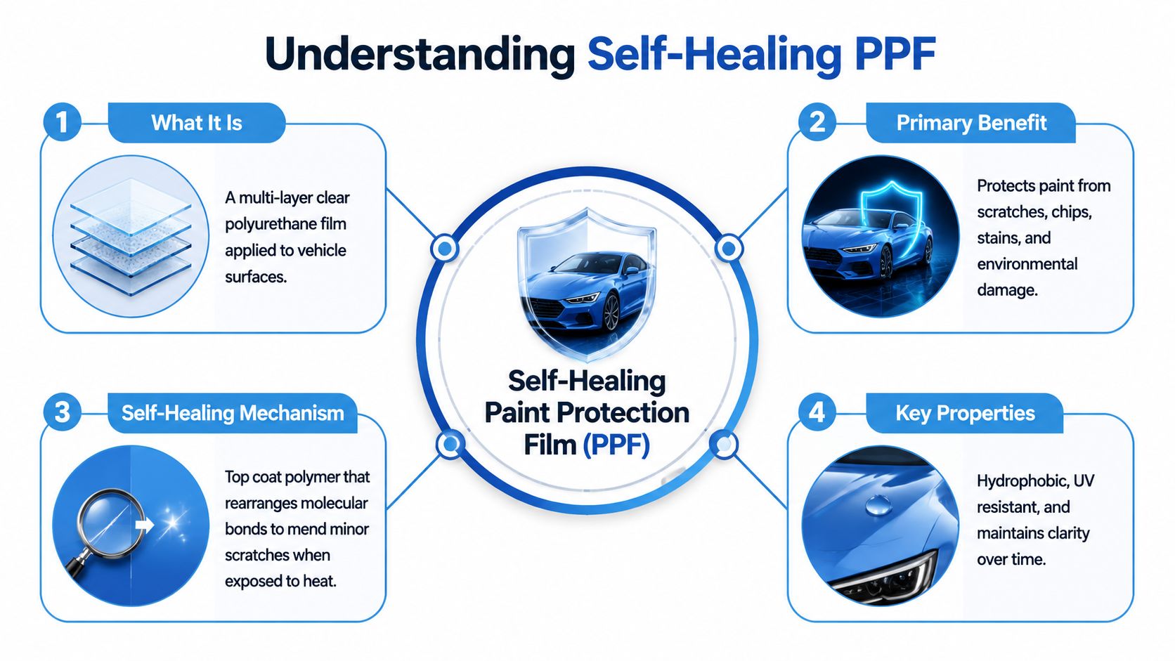 An infographic explaining how self-healing paint protection film works, its benefits, mechanism, and key properties for vehicle protection.