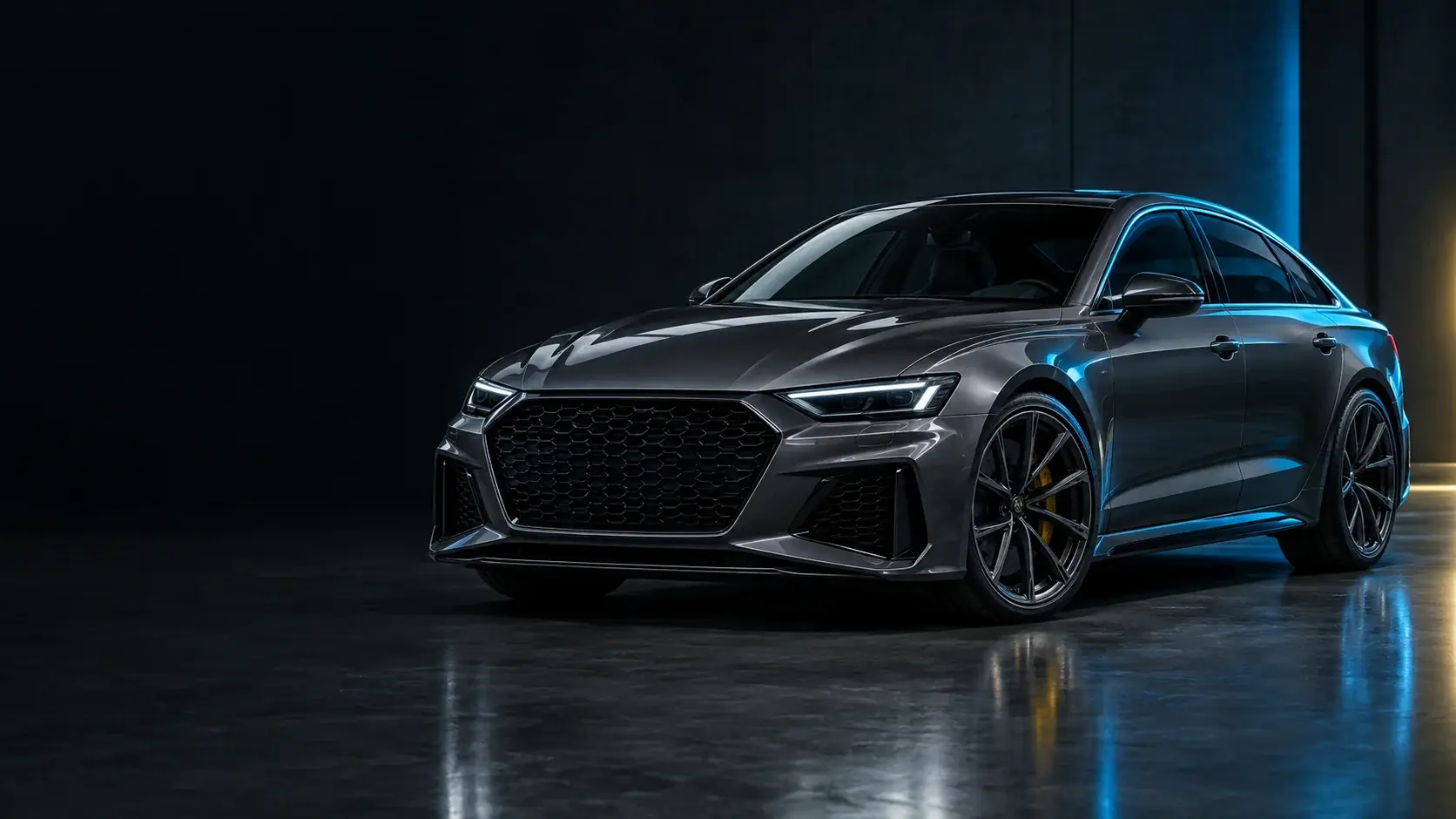 Graphite sport sedan with tinted windows in a dark studio (AI-generated concept)