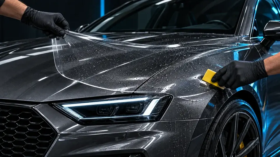 Clear paint protection film being applied to a hood (AI-generated concept)