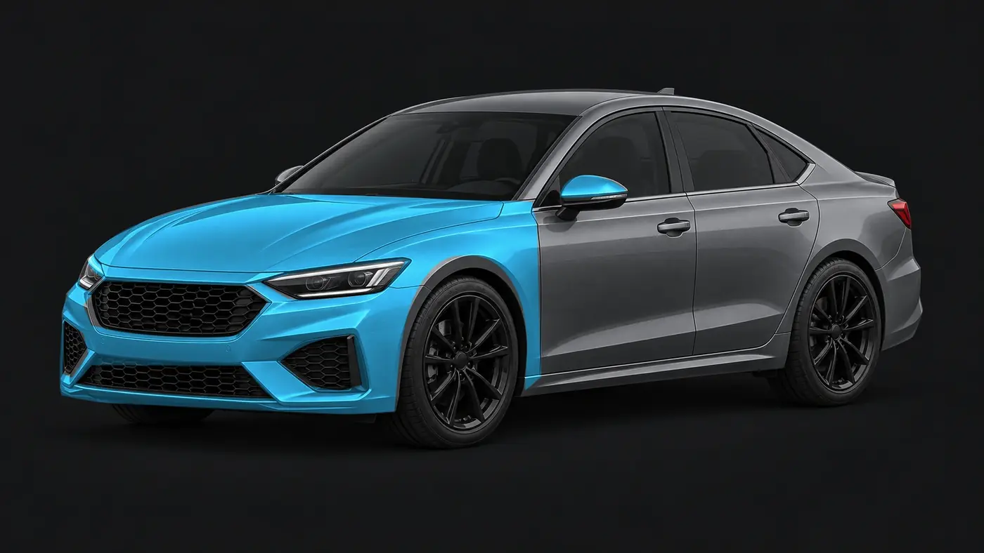 Full Front End: gray vehicle with blue illustrative coverage highlights. Read the included-panel list for package scope.