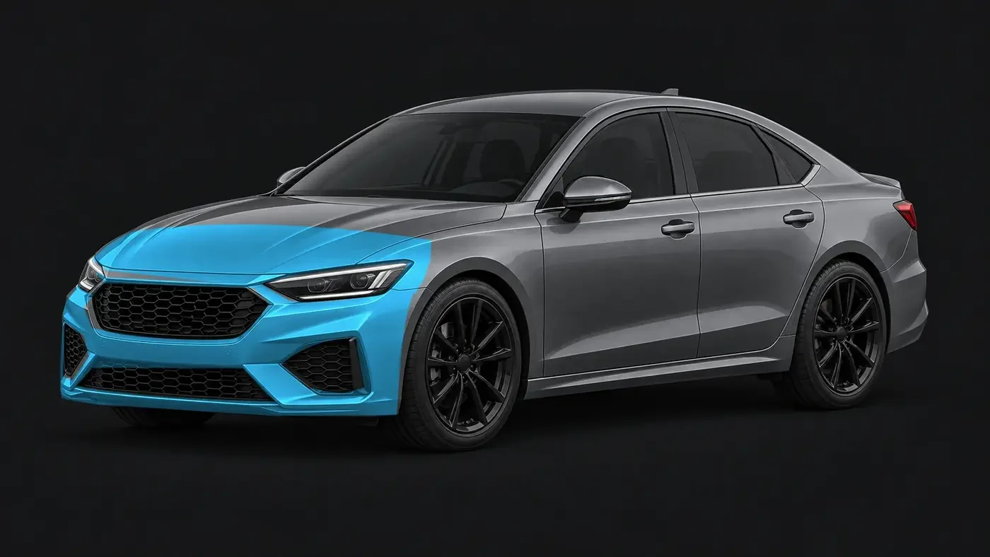 Partial Front End: gray vehicle with blue illustrative coverage highlights. Read the included-panel list for package scope.
